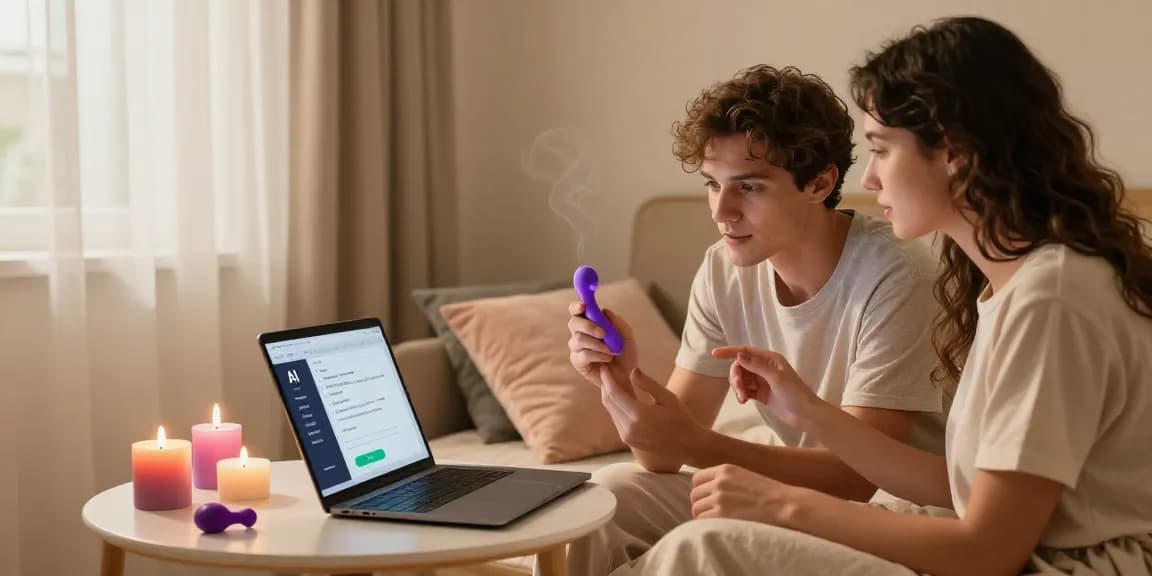 Couple exploring ai sex technology together in a cozy bedroom.