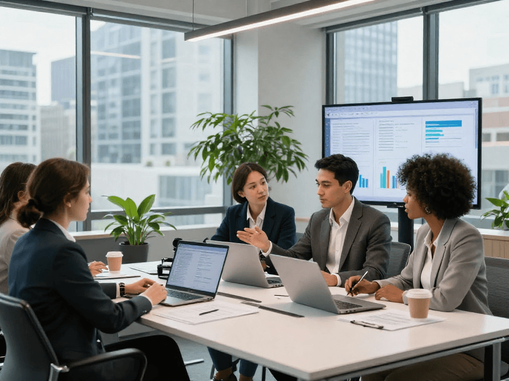 Professionele teamleden in kantooromgeving bespreken zakelijke lening opties met grafieken en financiële gegevens.