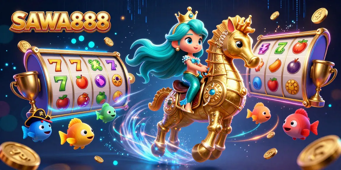 Spin the reels with SAWA888's vibrant 3D casino underwater adventure featuring a mermaid and seahorse.