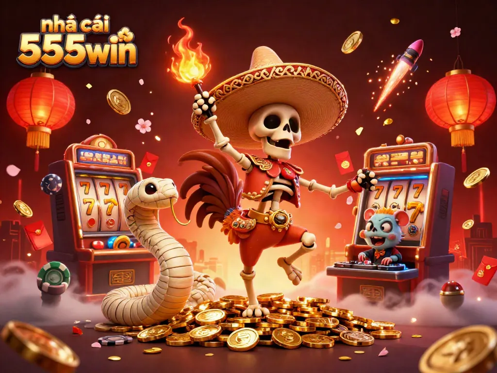 Experience the vibrant world of nhà cái 555win featuring a marachi rooster amidst slot machines and lucky symbols.