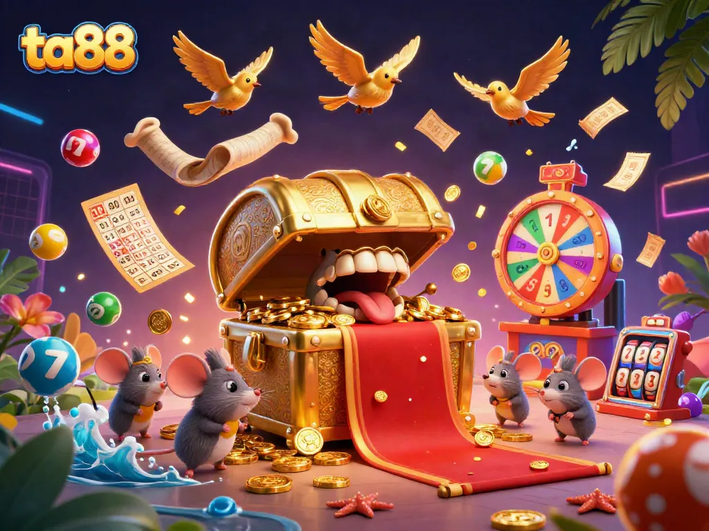 Engage with ta88 slot adventures through dynamic 3D casino illustration showcasing vibrant games.