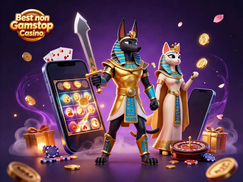 Spin to win at the Best non Gamstop Casino with Anubis and Bastet surrounded by gaming elements.