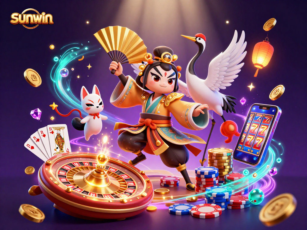 Engage with sunwin's vibrant casino scene featuring kabuki warriors and lively game elements.