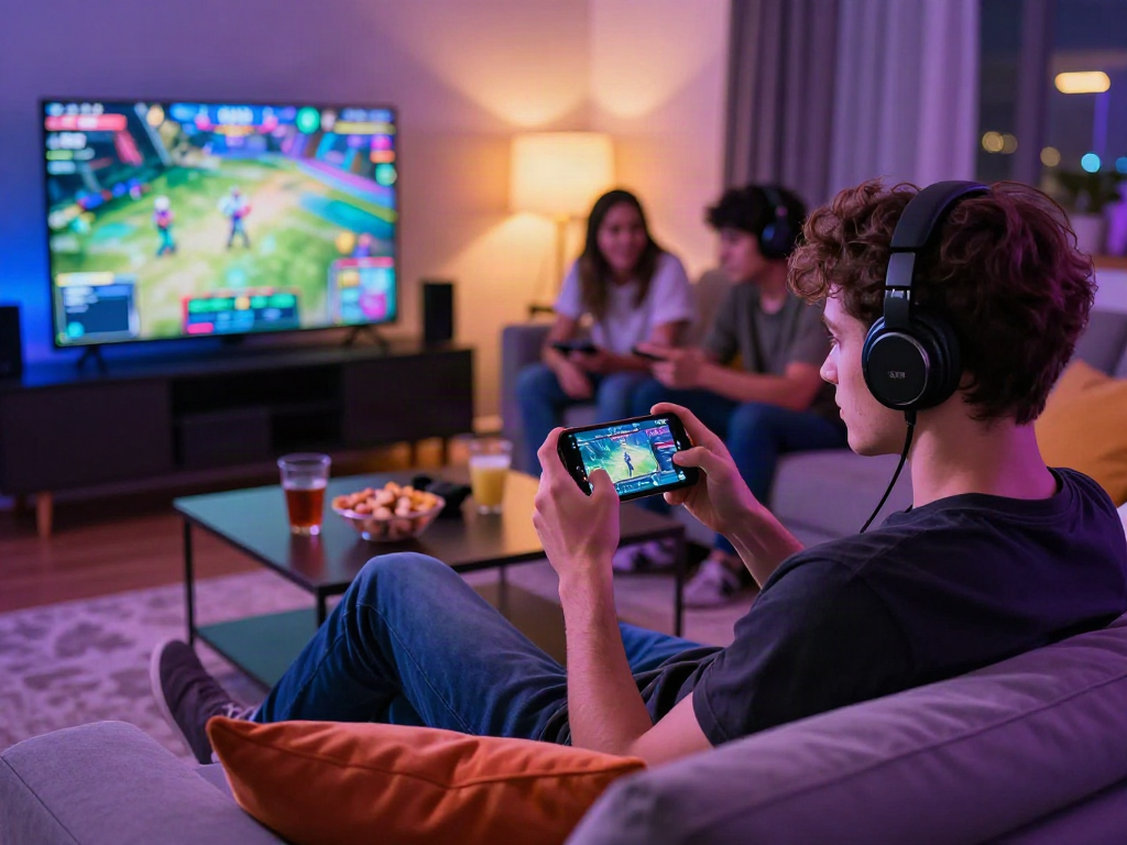 Engaging scene of people enjoying a mobile porn game together in a cozy gaming environment.