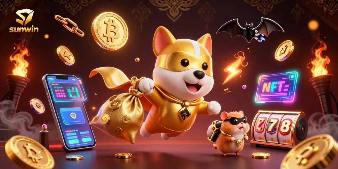 Experience sunwin with a superhero dog and hamster amidst vibrant casino themes and glowing crypto coins.