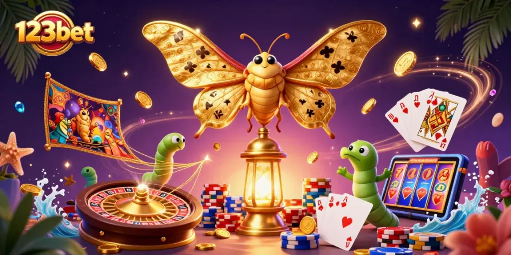 Experience the thrill of 123bet with a vibrant 3D casino scene filled with golden treasures and games.