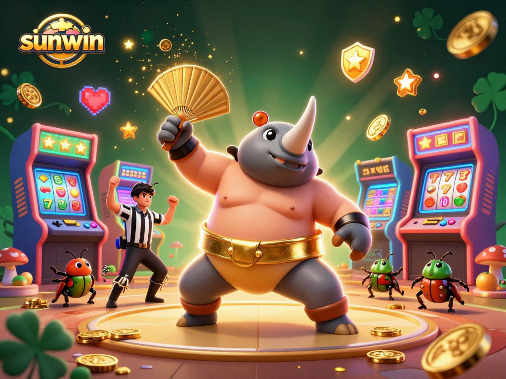 Sunwin slot champion beetle stomping coins in a vibrant, colorful casino-themed landscape.