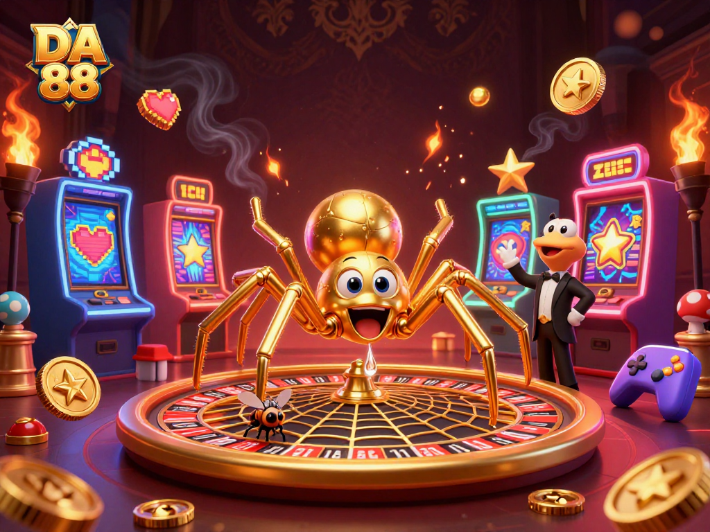 DA 88 depicts a golden spider and centipede croupier in a vibrant casino scene filled with slots.