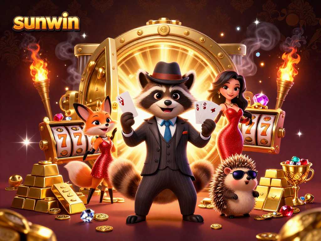 Experience excitement at sunwin with a raccoon holding a royal flush amidst slot reels and gold treasures.