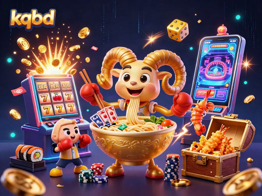 Kqbd showcases dynamic gambling energy with a golden ramen bowl dealer amidst casino action.