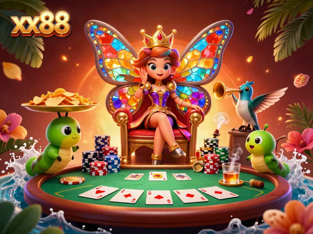 Experience the exciting world of xx88 with vibrant casino elements and a majestic butterfly queen.