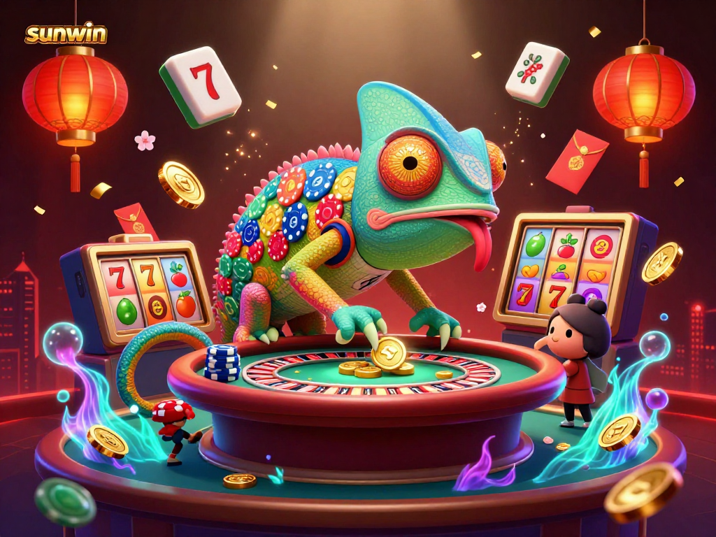 Engage with sunwin’s vibrant 3D casino scene showcasing a colorful chameleon owner and festive elements.