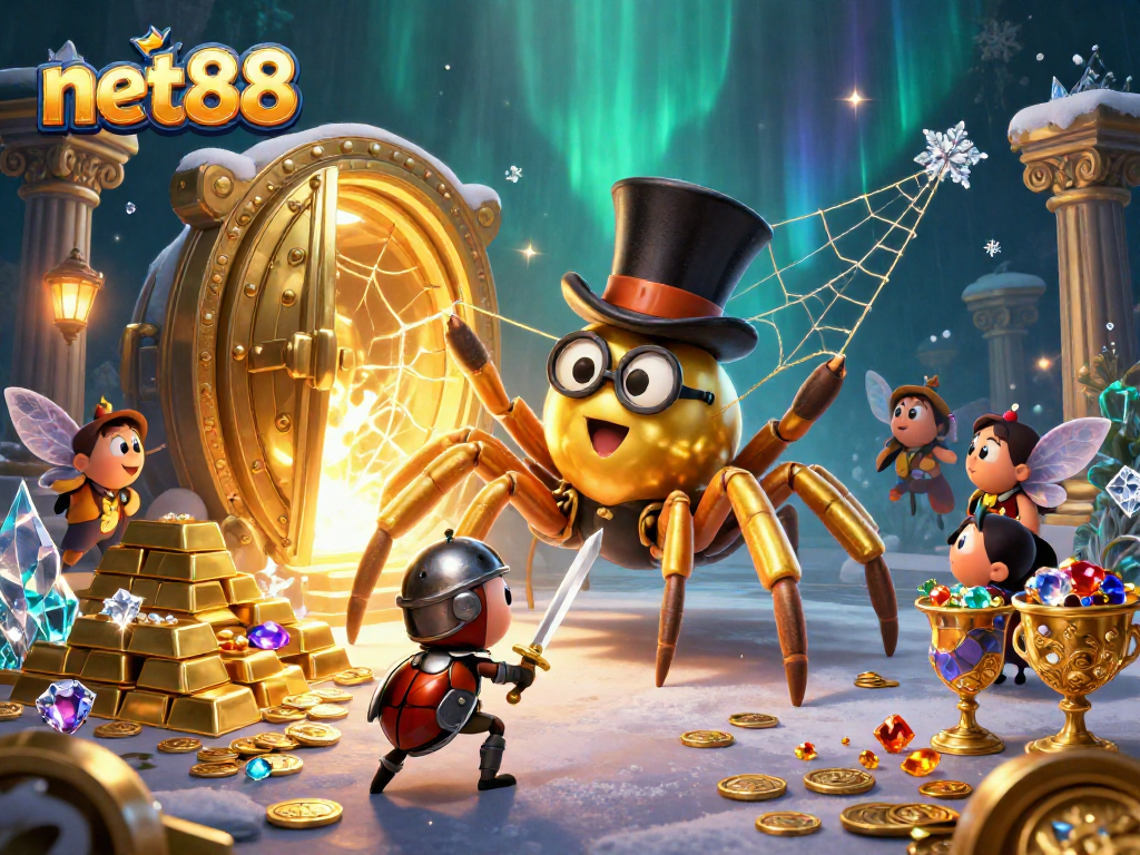 Engage with net88's thrilling casino experience with a detailed 3D illustration full of treasures and characters.