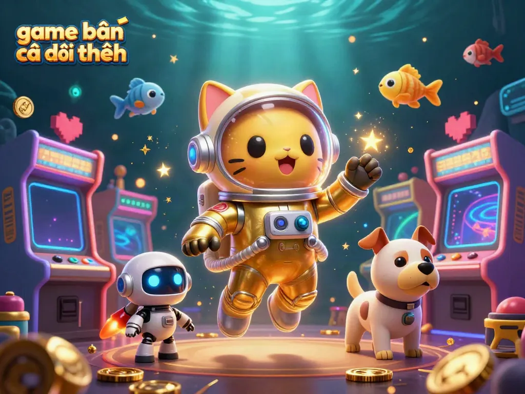 Engage in game bắn cá đổi thưởng with a vibrant 3D scene featuring an astronaut cat and robot dog surrounded by arcade elements.