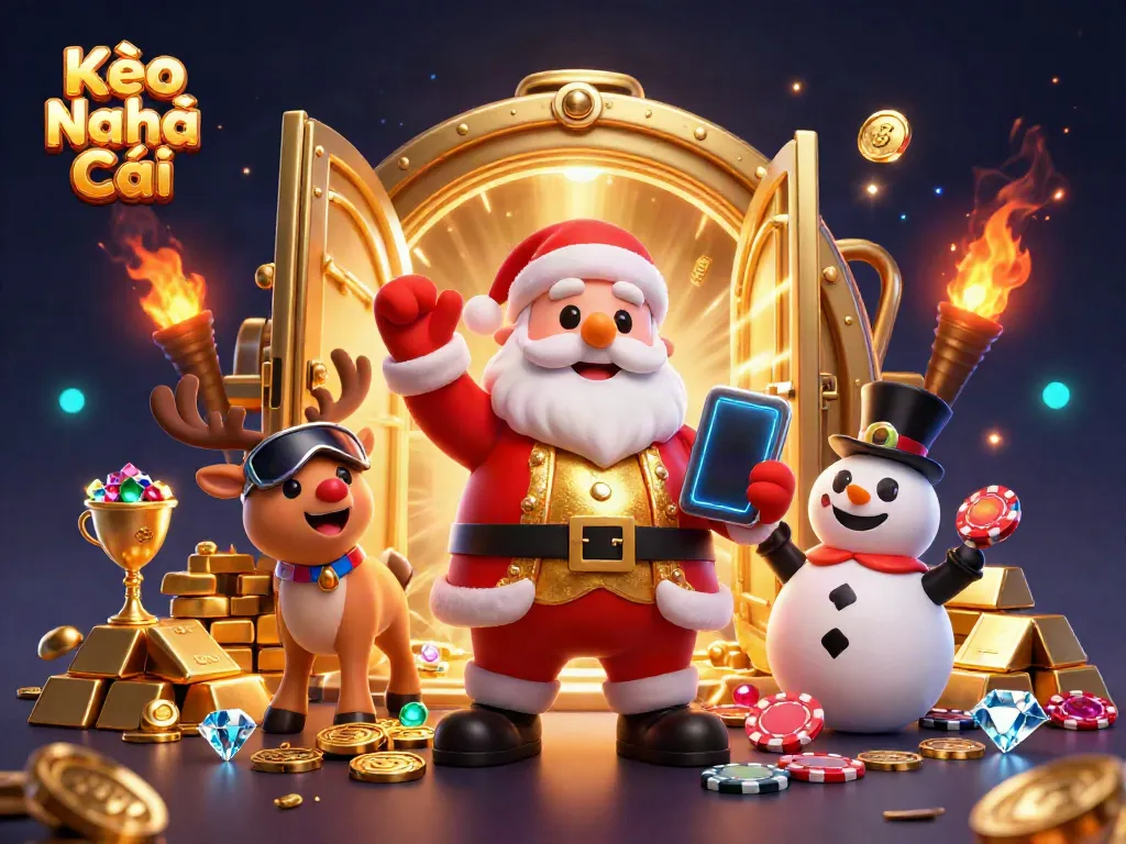 Engage in the excitement of Kèo Nhà Cái with Santa Claus and his festive companions in a lively casino scene.