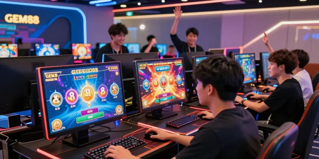 Players enjoying engaging games at http://gem88-mobile.com in a vibrant gaming lounge.