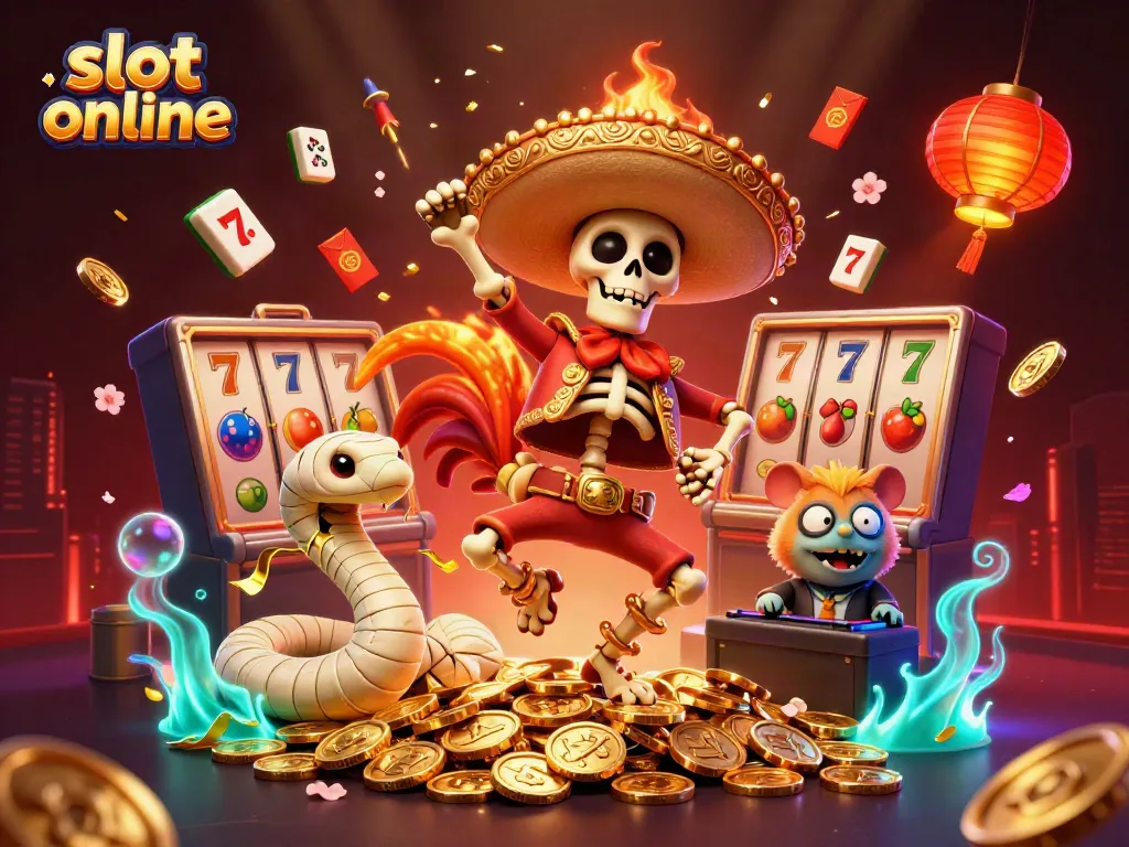 Experience the thrill of slot online as a 3D cartoon skeleton dances on coins surrounded by festive elements.