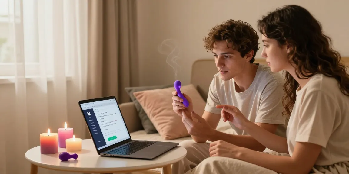 Couple exploring ai sex technology together in a cozy bedroom.
