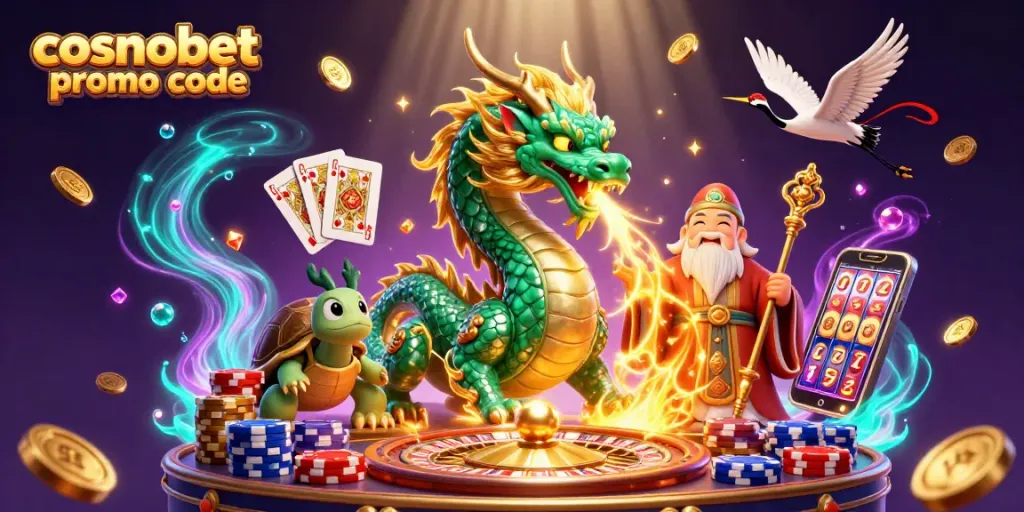 Claim your rewards with the Cosmobet promo code in a vibrant casino scene featuring legendary creatures and elements.