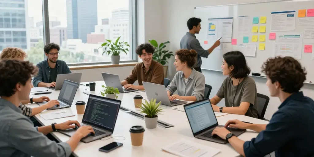 Instant indexing in action as a diverse team collaborates in a software development workspace.