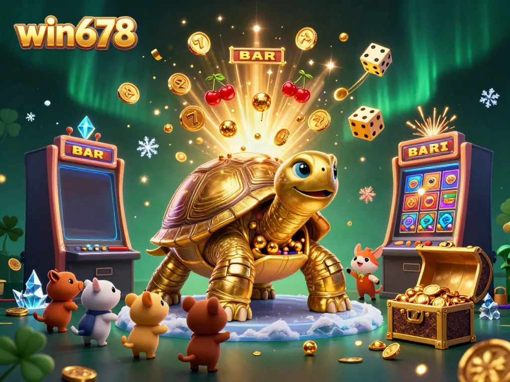 Experience massive wins at win678 with a lively casino scene featuring a golden tortoise and exciting games.