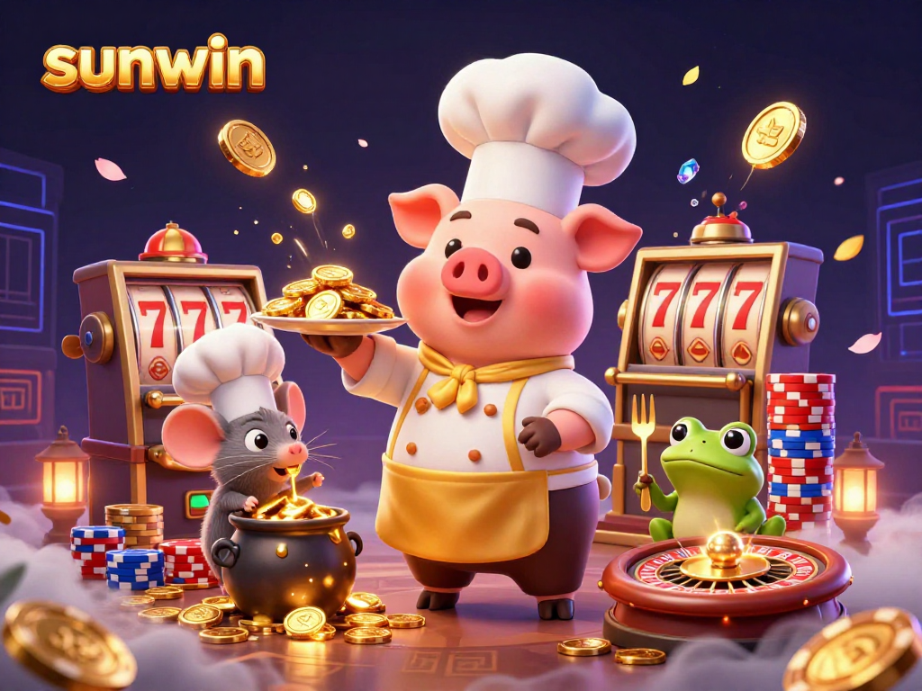Experience sunwin's thrilling casino vibe with a lively scene of chef pig and friends presenting gold coins.
