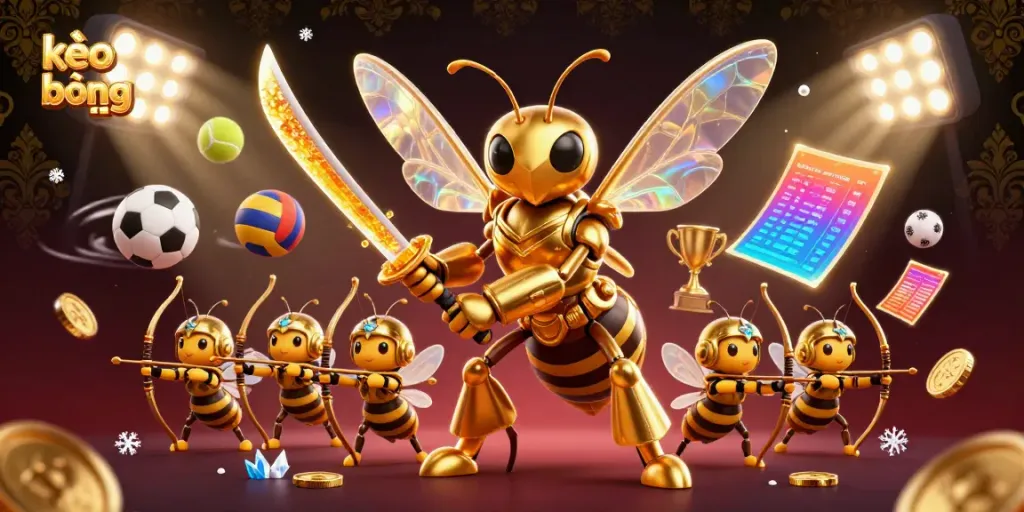 Engaging moment showcasing kèo bóng đá with a giant samurai hornet and dynamic sports betting elements.