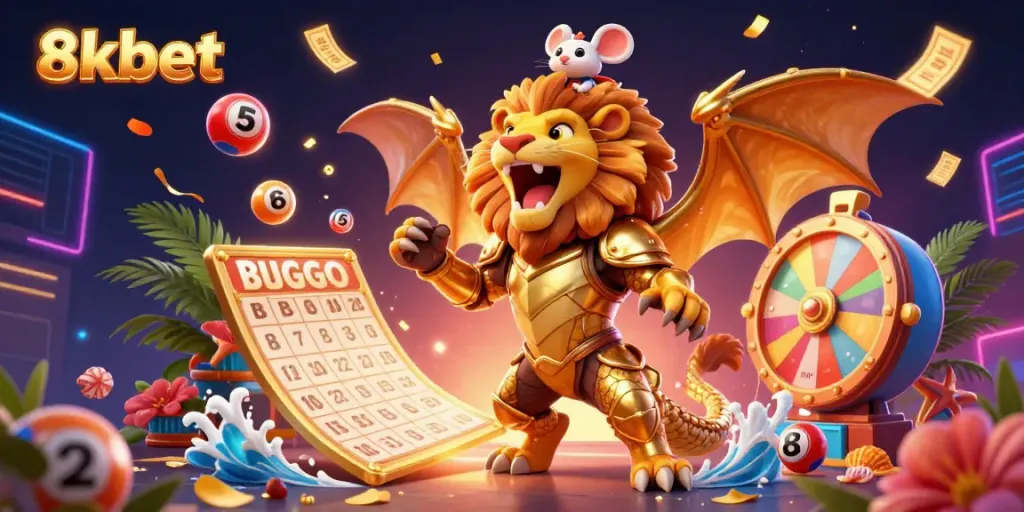 Engaging 8xbet scene showcasing a golden chimera and vibrant lottery elements set in a dramatic casino atmosphere.