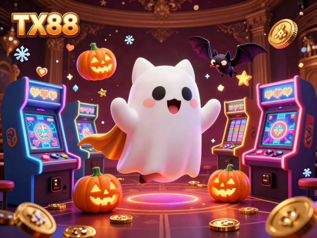 Celebrate wins with TX88: a friendly ghost cat and bat in a vibrant casino scene.