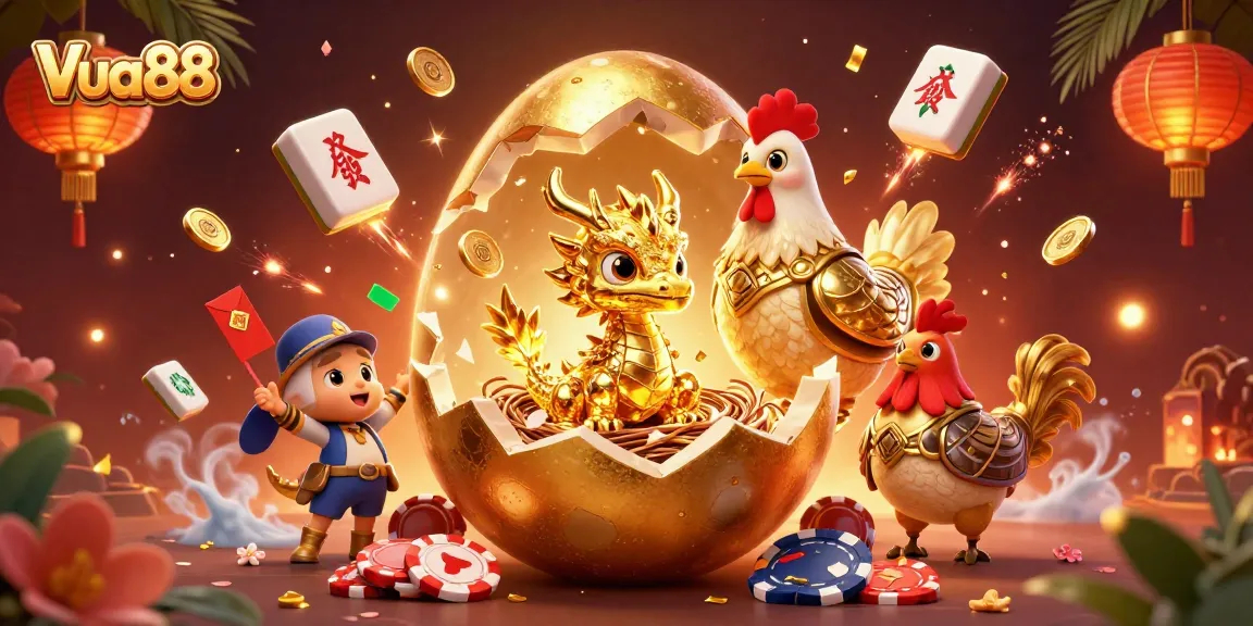 Experience thrilling wins at Vua88 with a vibrant gaming scene featuring a golden dragon and poker chips.