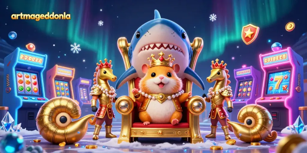Engage with artmageddonla's colorful 3D casino scene featuring a hamster king on a megalodon throne among vibrant gaming elements.