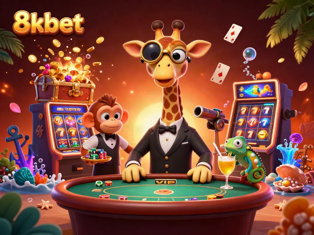 Experience the excitement at 8xbet with a high-roller giraffe, monkey valet, and chameleon bartender amidst vibrant slot machines.