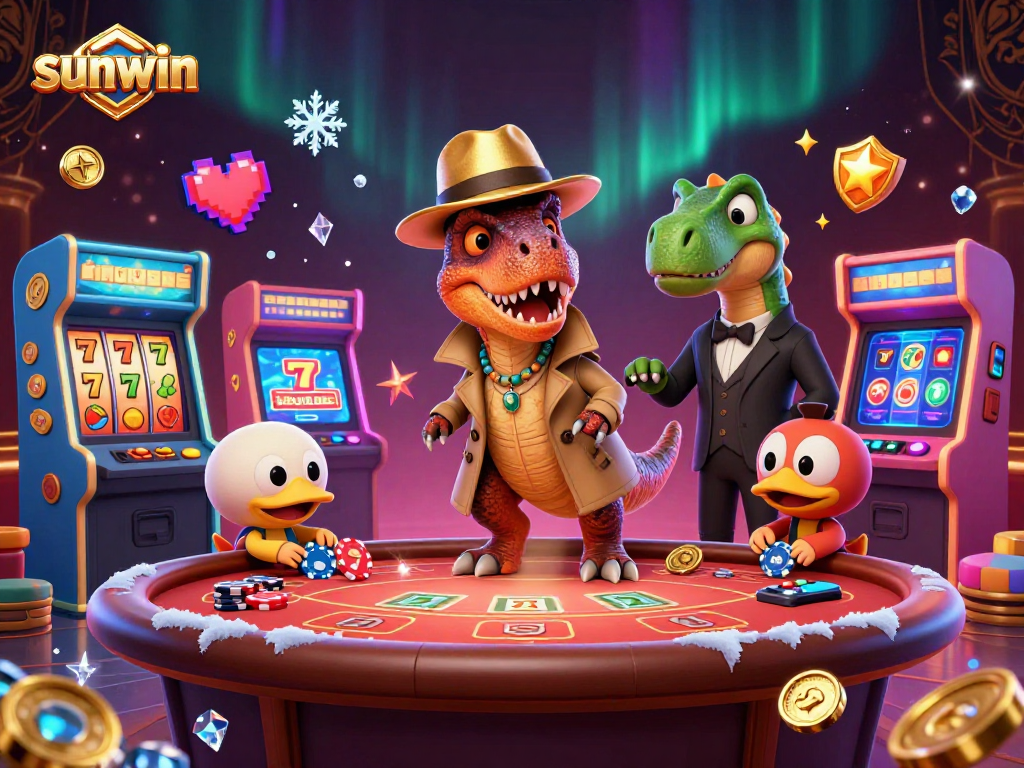 sunwin casino scene featuring a velociraptor card counter and a stegosaurus pit boss in a vibrant blackjack game