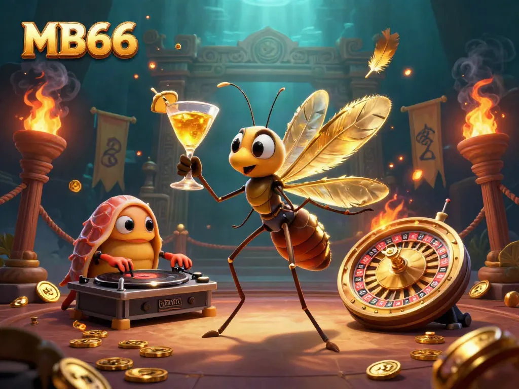 Experience the thrilling world of MB66 with a vibrant casino mascot and dynamic gaming elements.