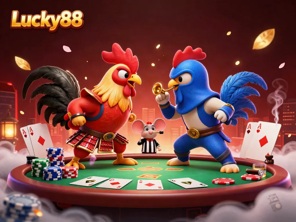 Experience high-stakes excitement with Lucky88's dynamic 3D illustration of roosters battling at a poker table, packed with casino elements.