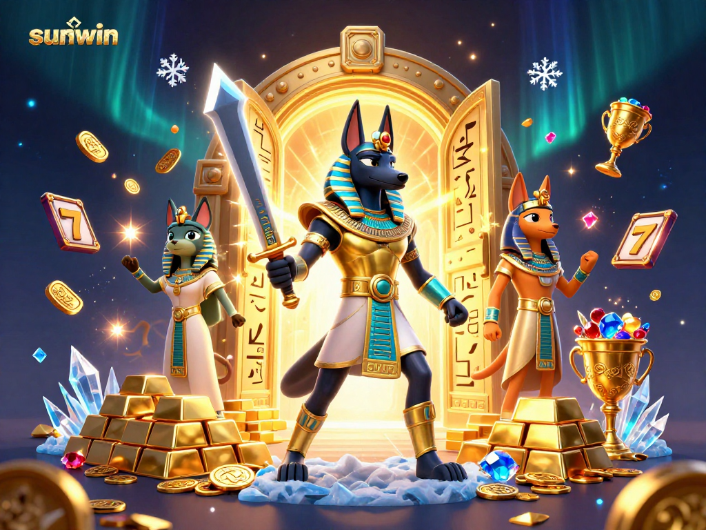Engage with sunwin's dynamic gaming scene featuring Anubis and Bastet amid dazzling casino treasures.