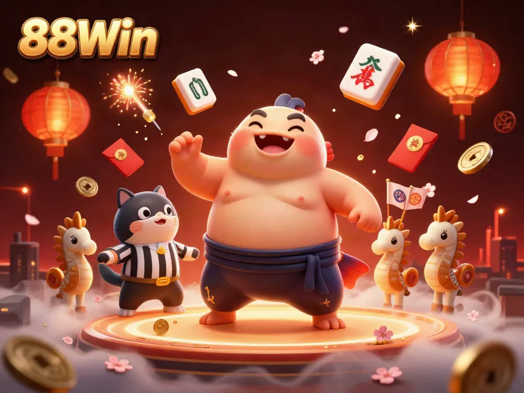 88Win showcases a vibrant underwater casino scene with a fugu, referee catfish, and seahorse spectators celebrating.