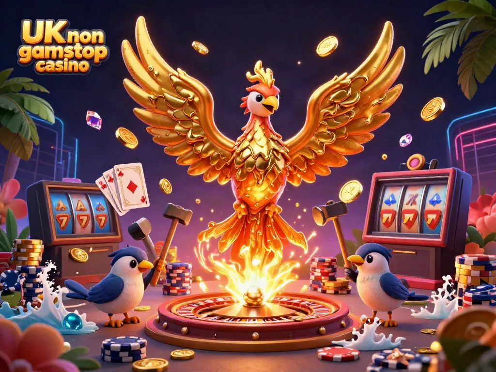 Engage with the UK non gamstop casino's vibrant 3D illustration featuring a golden phoenix and classic casino elements.
