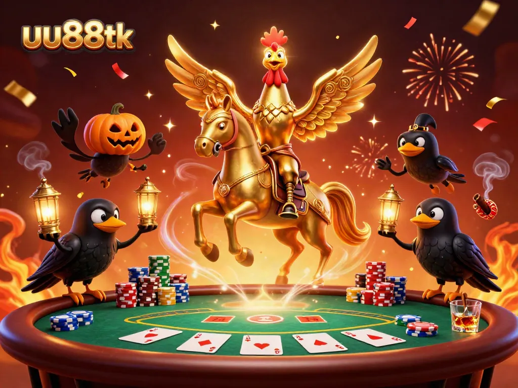 Engage in thrilling poker action at uu88tk, featuring colorful poker chips and golden rooster characters.