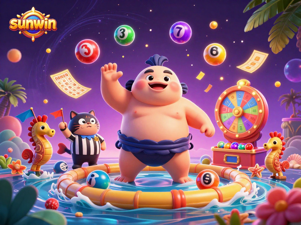 Engage with sunwin's vibrant underwater lottery scene showcasing a fugu and catfish amid colorful game elements.