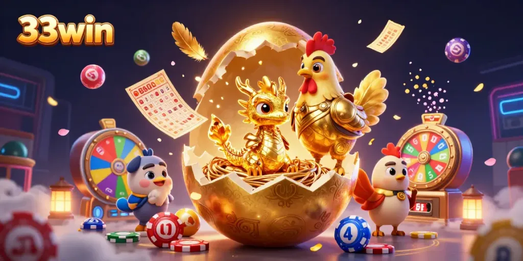 Experience the thrill of 33win with a golden dragon, poker chips, and festive lottery elements.