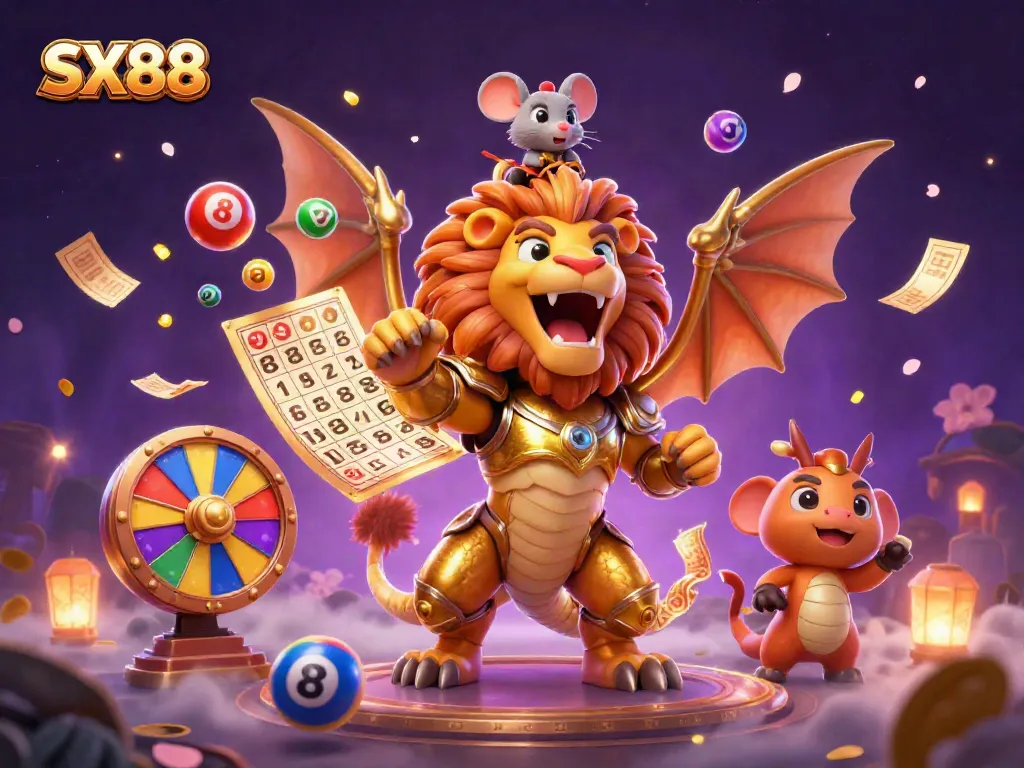 SX88 showcases a triumphant chimera with golden armor, surrounded by dynamic lottery elements, highlighting gaming excitement.
