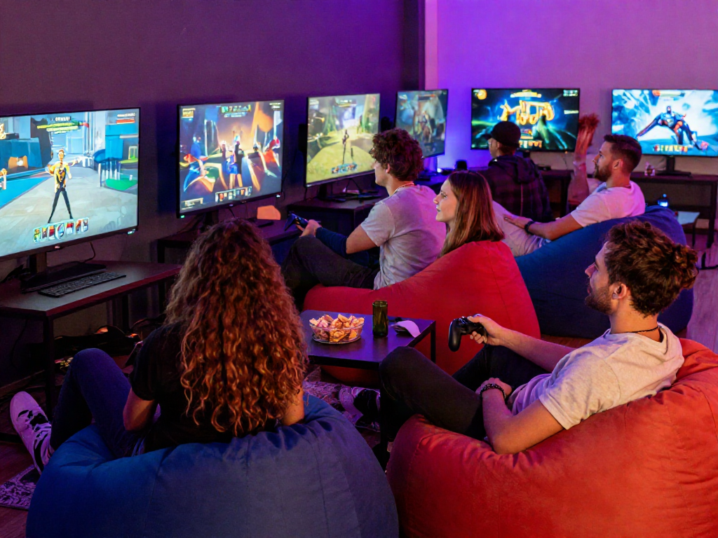 Friends enjoying an adult game together in a vibrant lounge setting