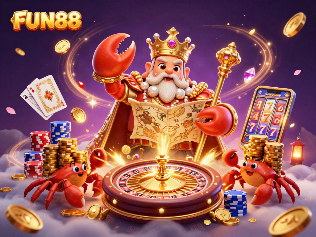 Experience excitement with FUN88 as a golden crab emperor reigns over colorful casino elements.