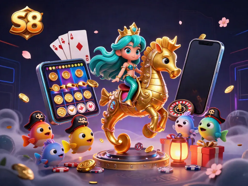Engage with thrilling gaming on S8, featuring a vibrant mermaid and seahorse amidst animated casino elements.