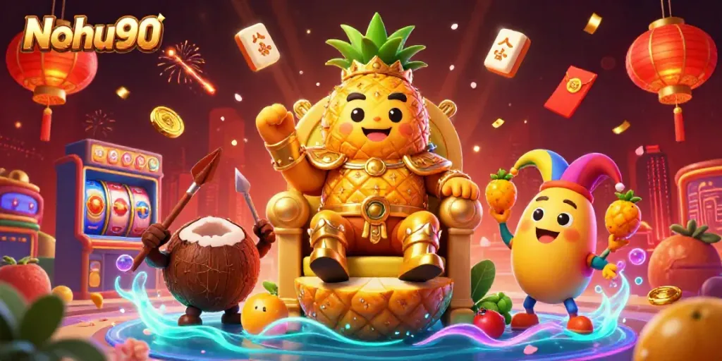 Nohu90 casino scene with a vibrant cartoon pineapple king and lively casino elements.