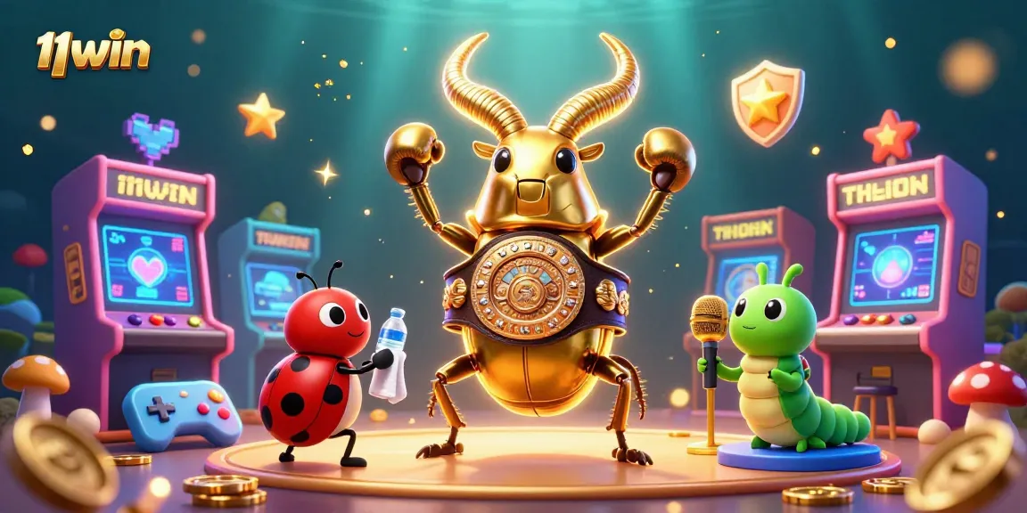 11WIN casino illustration featuring a golden stag beetle boxing champion and vibrant casino game elements