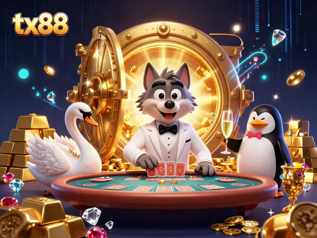 Win big at tx88 with a debonair wolf and elegant swan dealing cards in a rich casino setting.