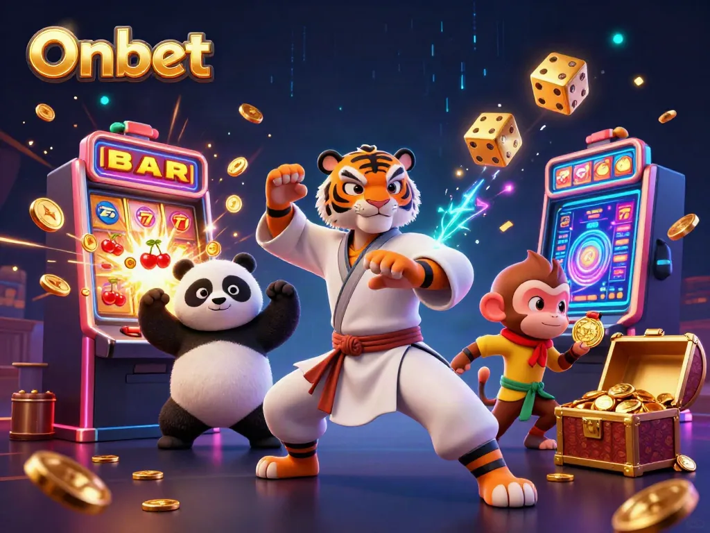 Featuring Onbet's casino journey, a kung fu tiger and panda pose with slot machines bursting coins.