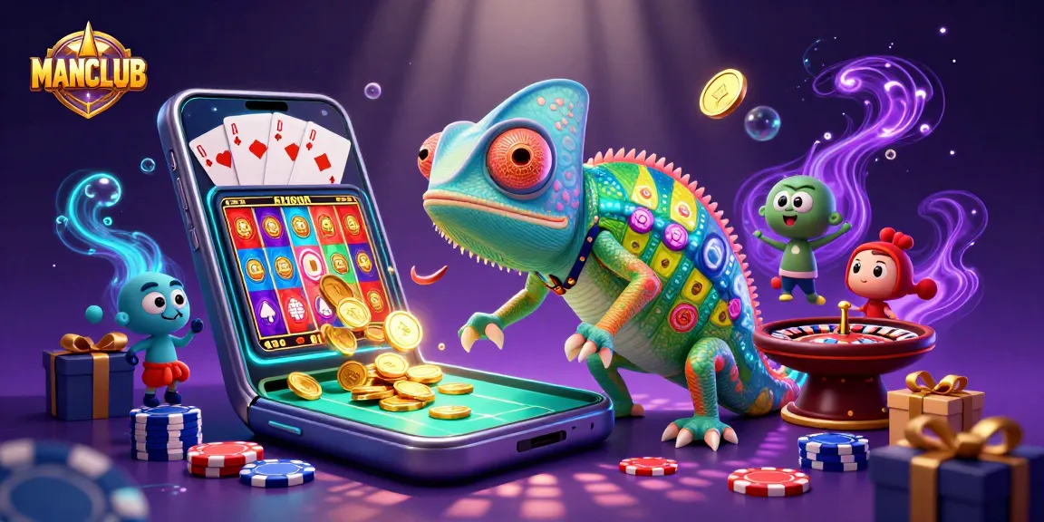 Experience the MANCLUB casino excitement as the chameleon casino owner collects golden coins amidst vibrant game elements.